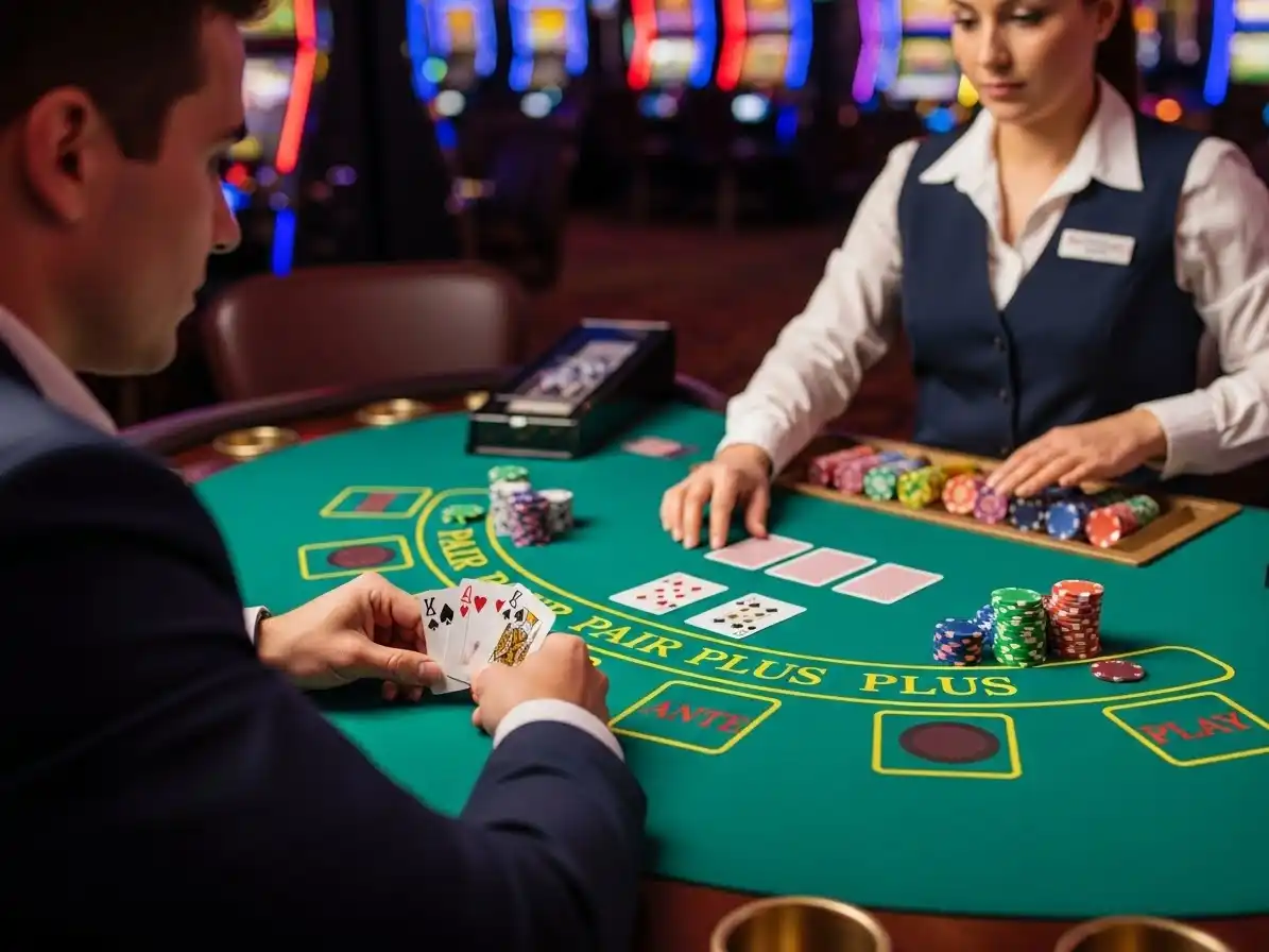 Person playing Three Card Poker at manny-pacquiao-apps-casino, holding cards and placing bets at a casino table.