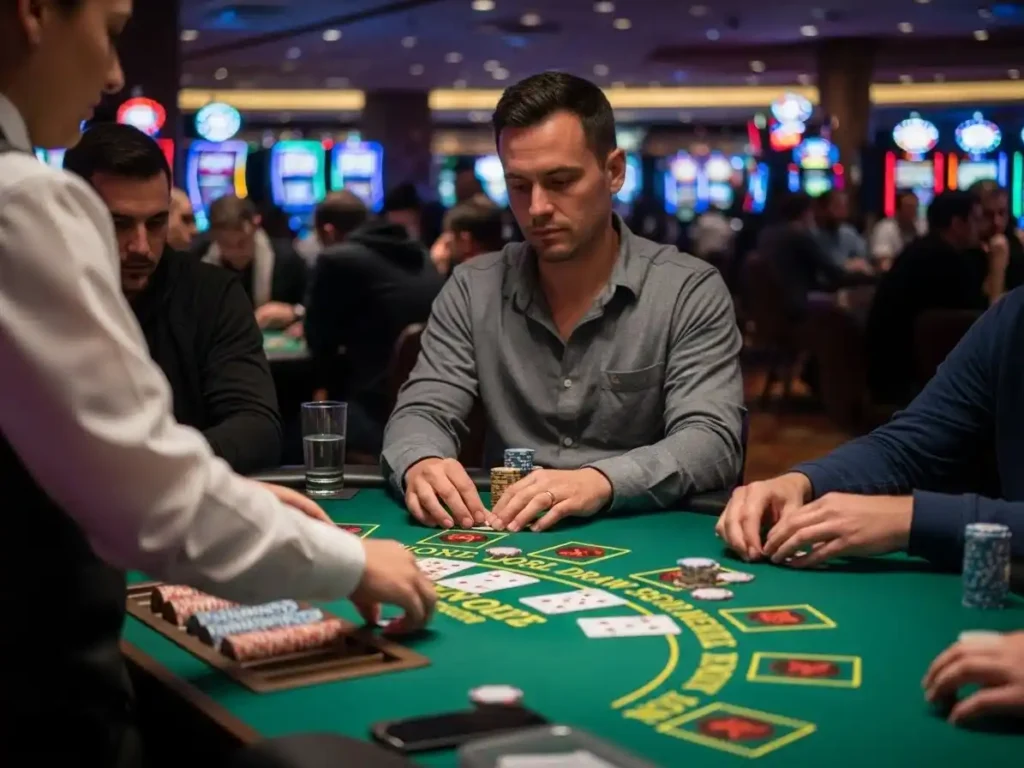 Casino player placing chips while playing Double Draw Poker at mega-win-casino-gift-code table.