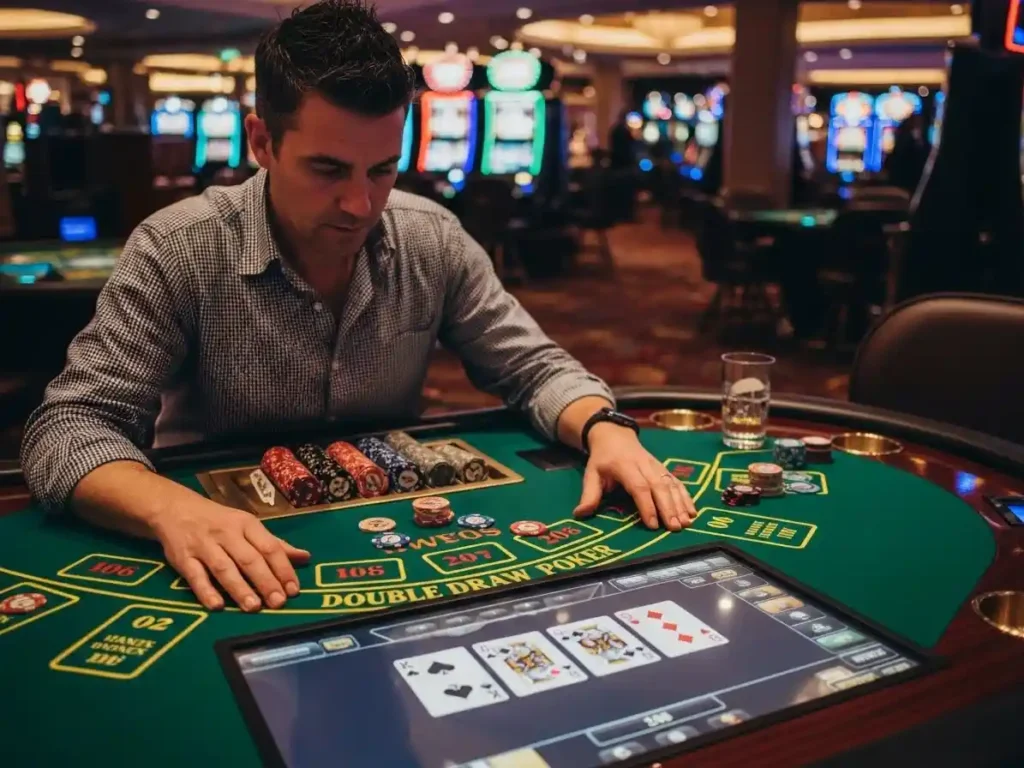 Focused casino player enjoying Double Draw Poker gameplay at mega-win-casino-gift-code poker table.