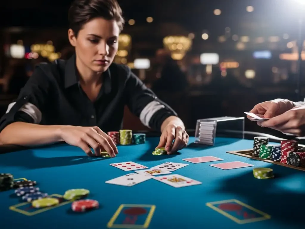 Player examining cards during a Criss Cross Poker round at phjoin-casino inside a vibrant casino setting.
