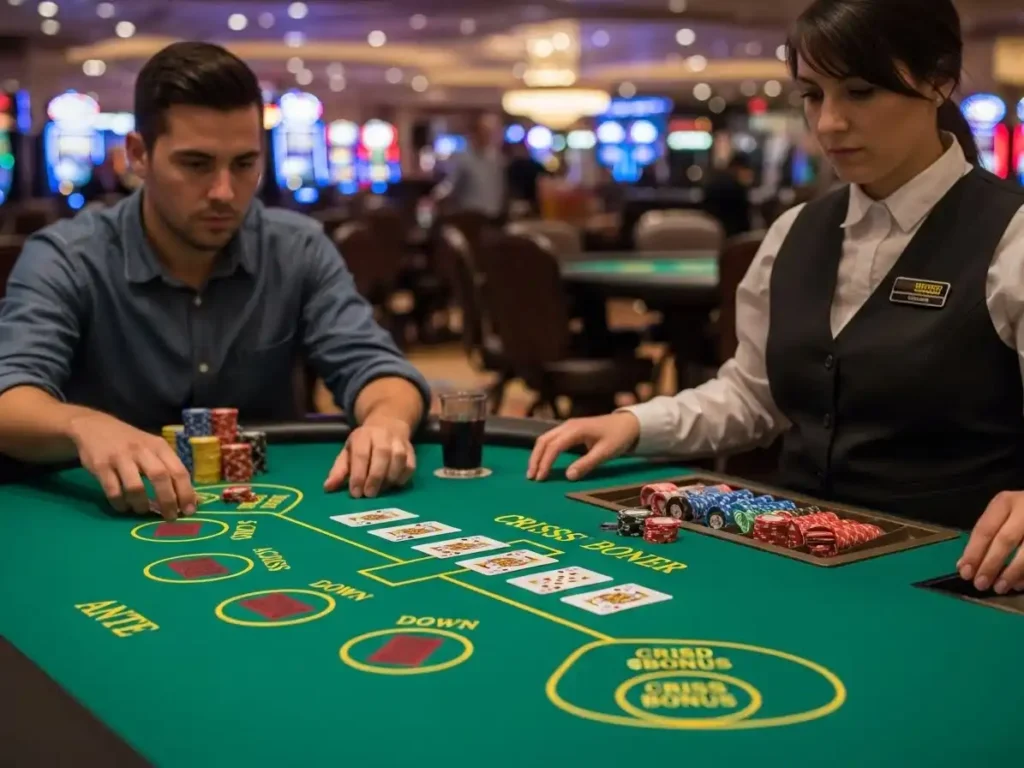 Casino guest placing a wager while playing Criss Cross Poker at phjoin-casino table.