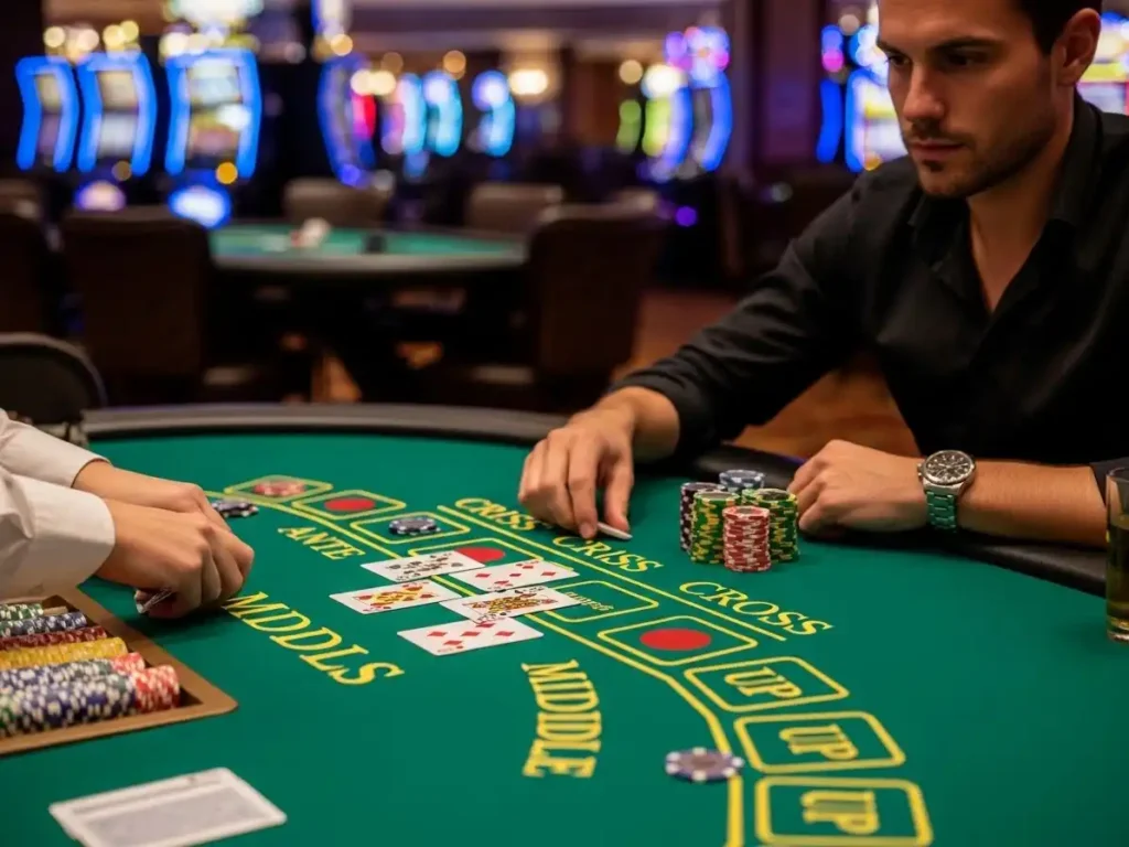 Focused casino player enjoying Criss Cross Poker gameplay at phjoin-casino with cards and betting chips.