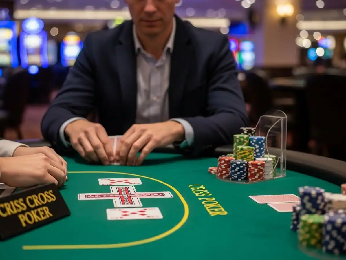 Person playing Criss Cross Poker at phjoin-casino, placing chips and reviewing cards at a modern casino table.