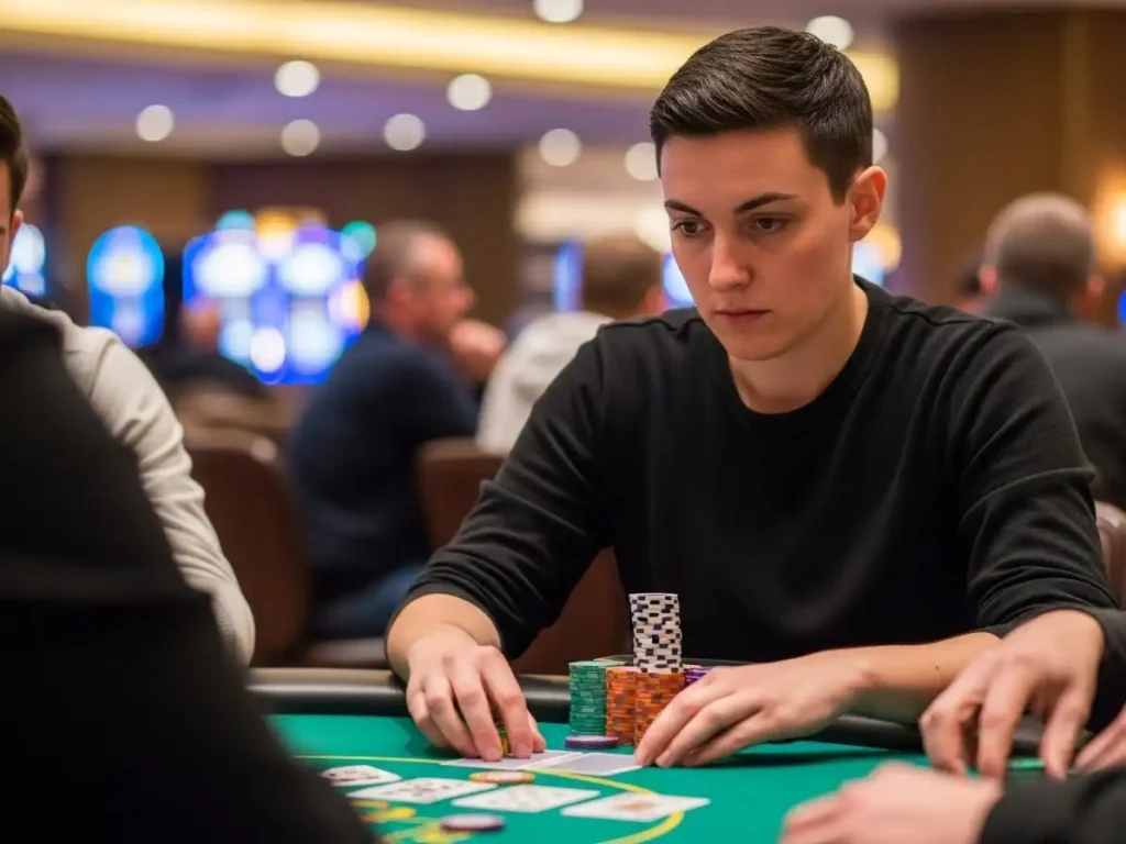 Poker enthusiast placing chips on the table during a game at majestic star casino.
