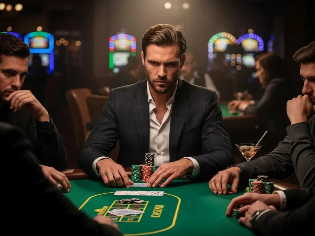 Casino player analyzing cards while playing poker at majestic star casino table.