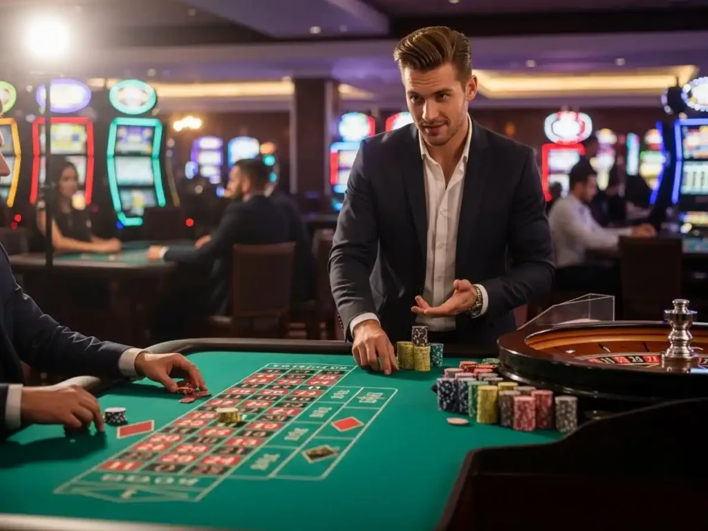Person playing roulette at playworld casino, placing chips on a classic casino roulette table.