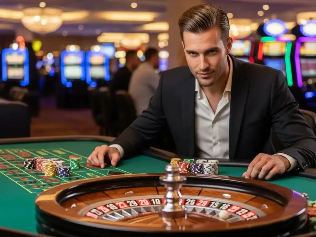 Focused casino player watching the roulette wheel spin at playworld casino.