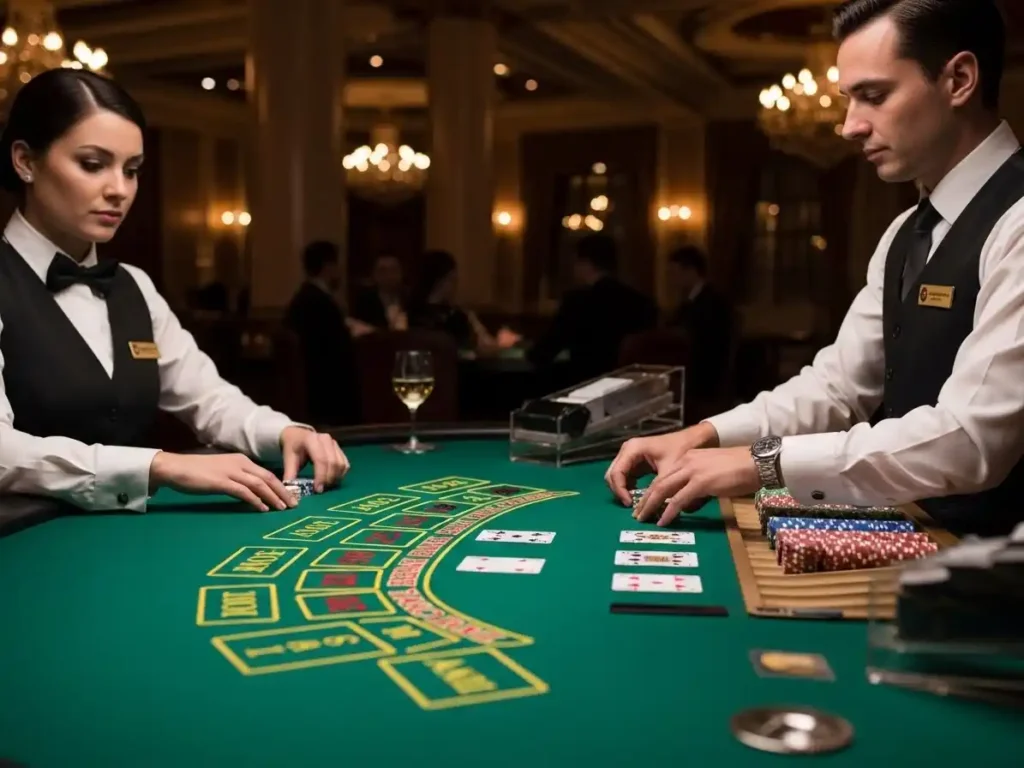 Player analyzing cards while playing baccarat at SM Casino in a lively casino setting.