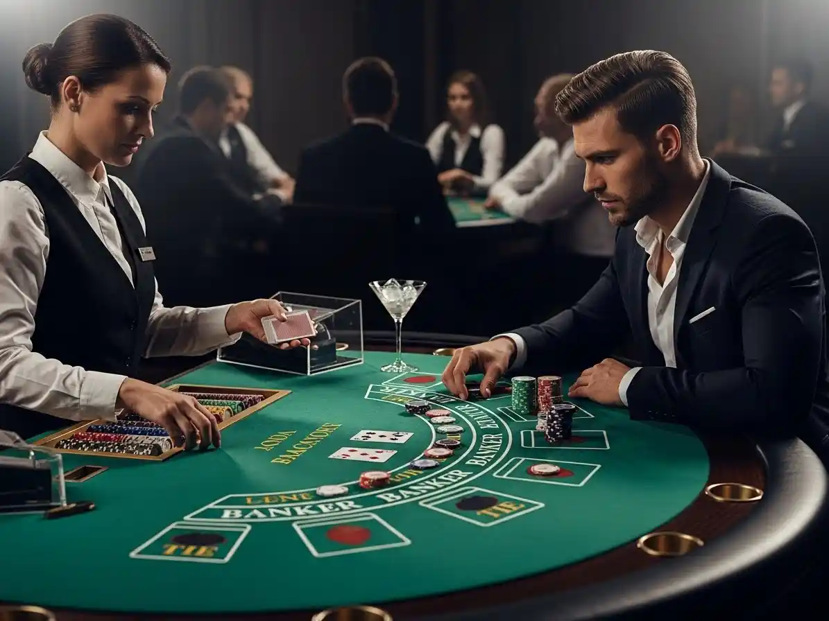 Person playing baccarat at SM Casino, placing chips on the baccarat table during a live game.