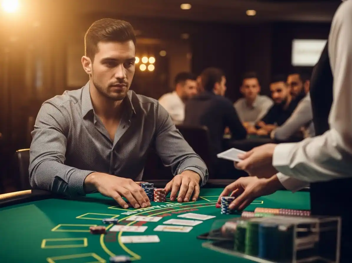 Focused blackjack player placing chips on the table at ss777 casino.