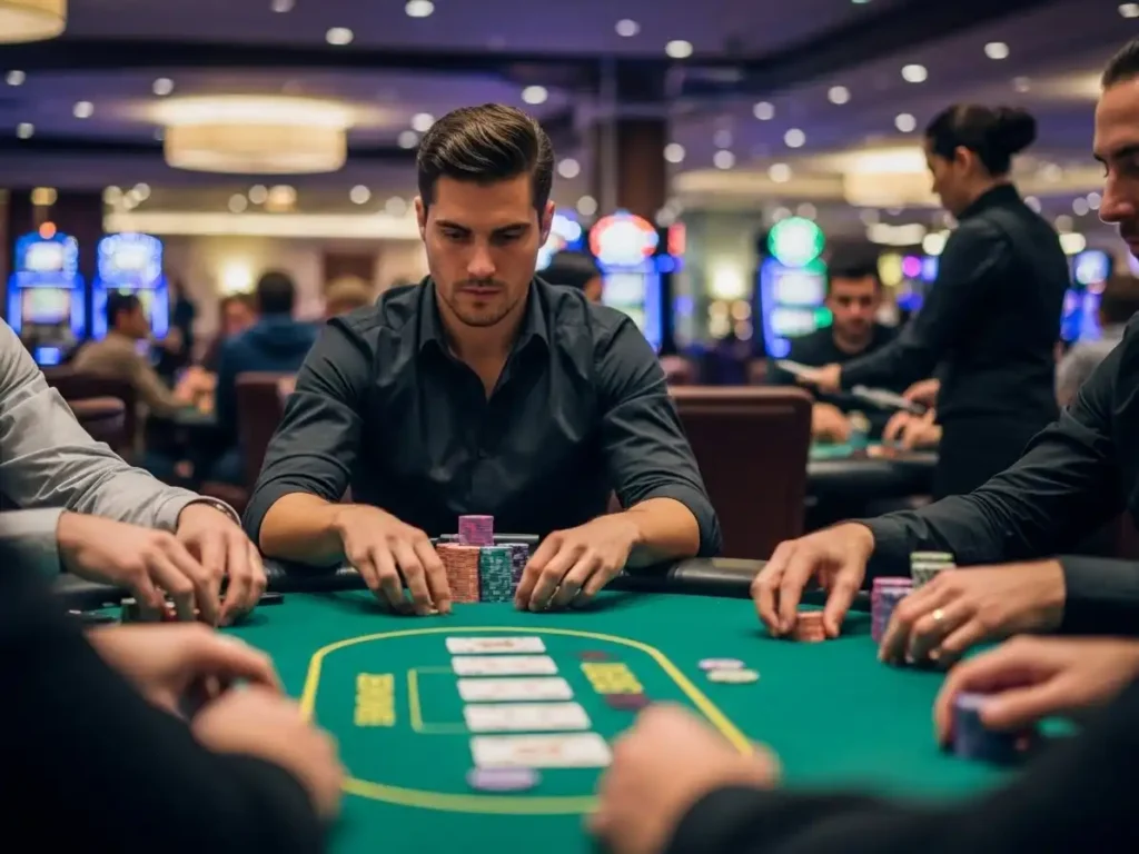 Focused poker player stacking chips during a live game at majestic star casino.