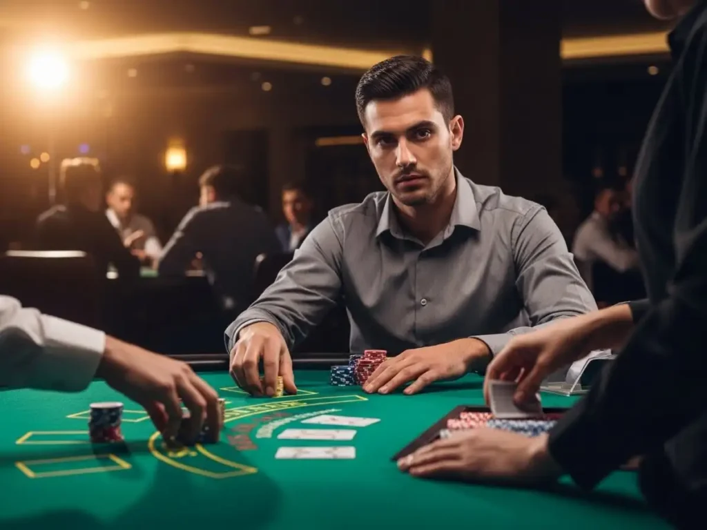 Blackjack enthusiast placing a confident bet at ss777 casino table.