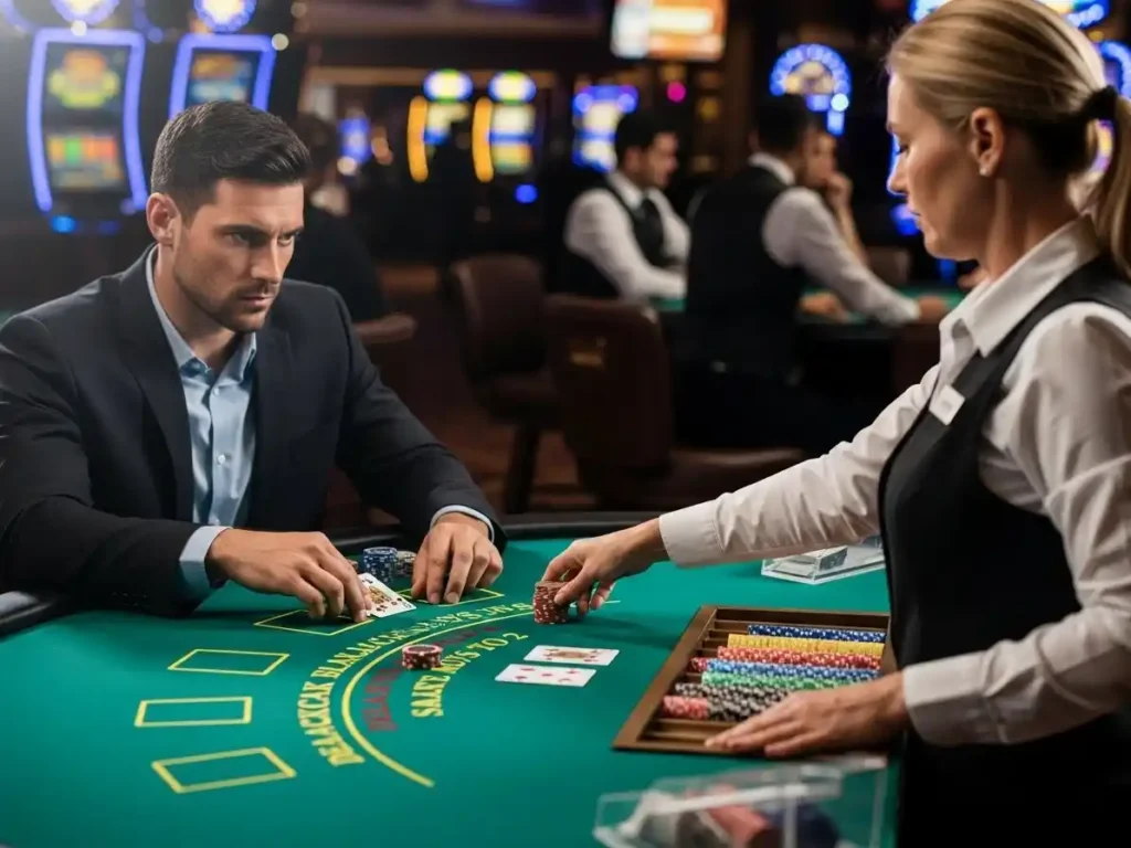 Casino player analyzing cards during a blackjack round at ss777 casino.