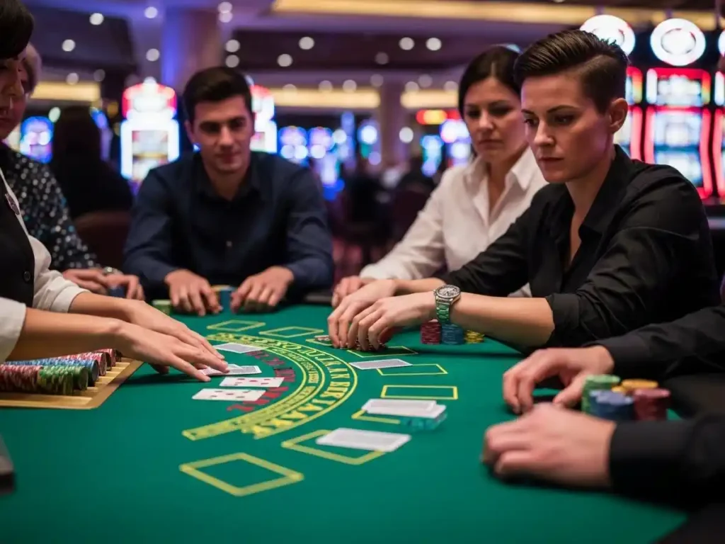 Person playing blackjack at ss777 casino, holding cards and chips at a professional casino table.