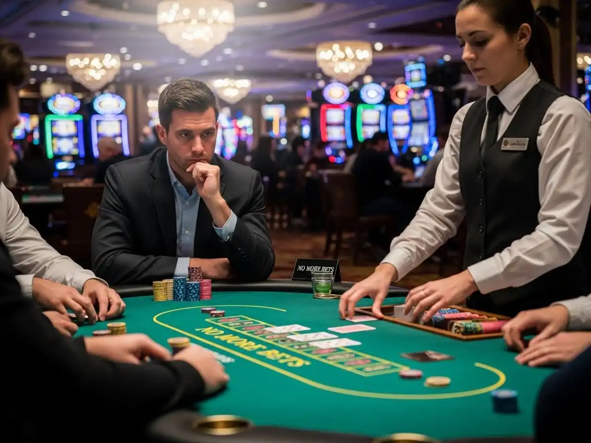 Person playing poker at majestic star casino, holding cards and poker chips at a professional casino table.