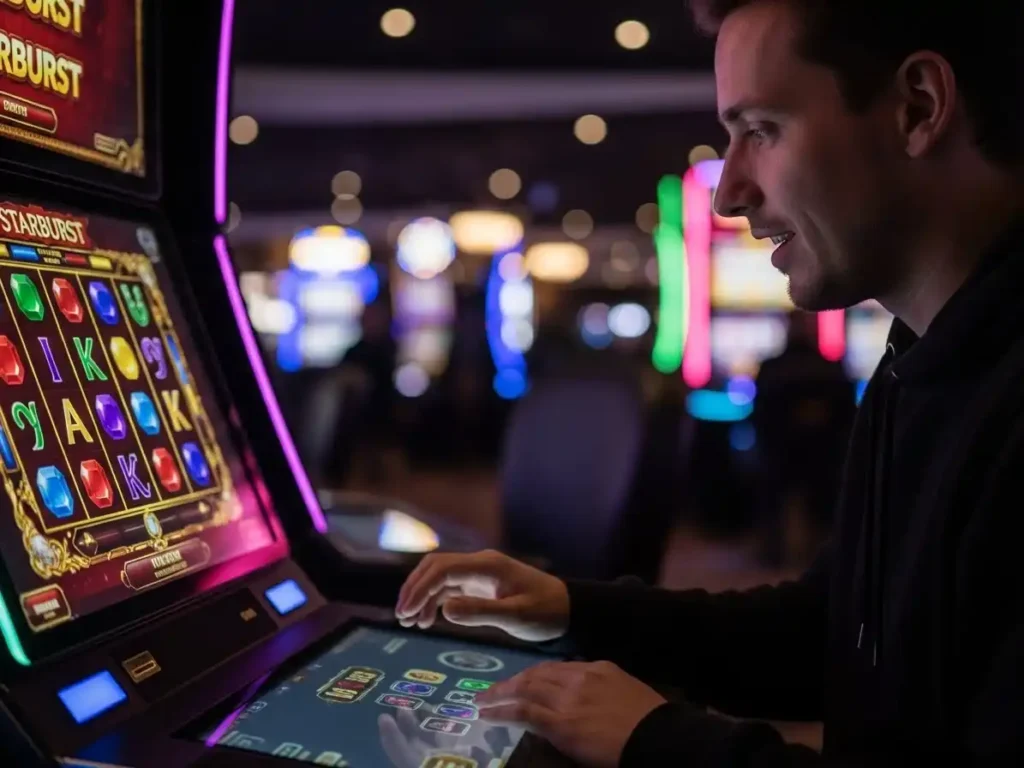 Excited player watching Starburst slot symbols align at Galaxy 333 casino arcade machine.