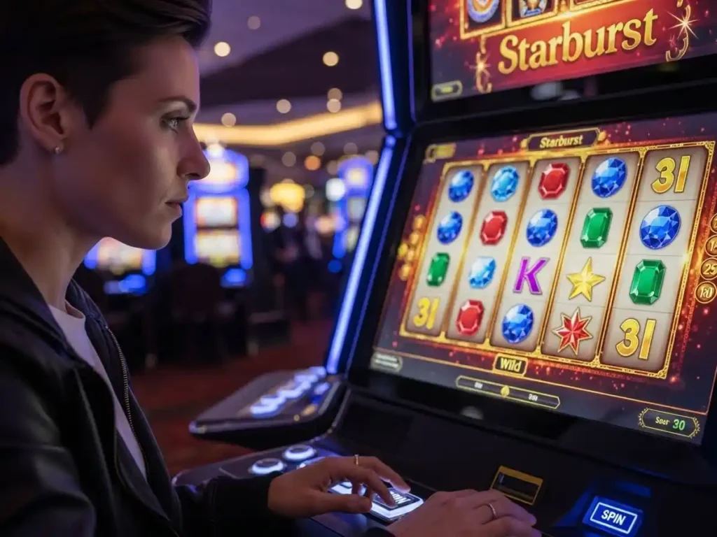 Focused player spinning Starburst slot reels at Galaxy 333 casino on a modern arcade slot machine.