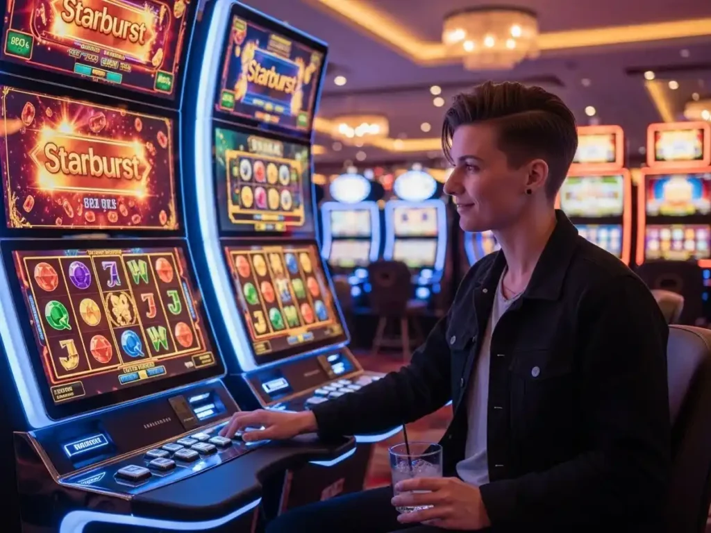 Casino guest tapping the Starburst arcade slot game screen at Galaxy 333 casino during active play.