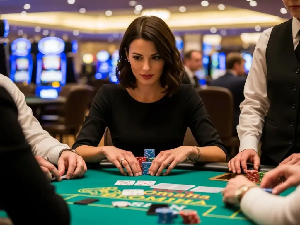 Casino player placing chips while playing Omaha Poker at Bay888 casino table.