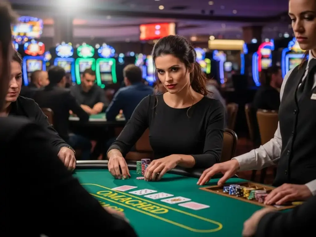 Person playing Omaha Poker at Bay888 casino, holding cards and arranging poker chips at the table.