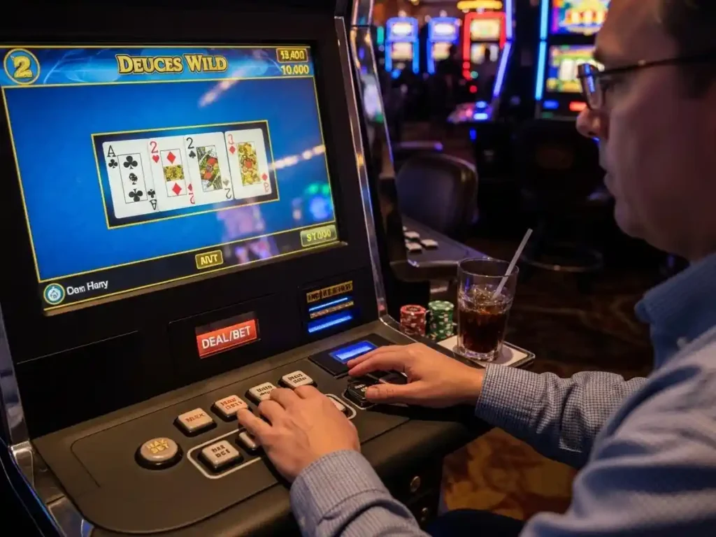 Player concentrating on Deuces Wild arcade poker screen at AAA casino with cards displayed.