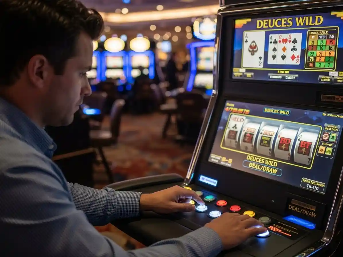 Person playing arcade Deuces Wild poker at AAA casino, focusing on the digital poker screen and controls.