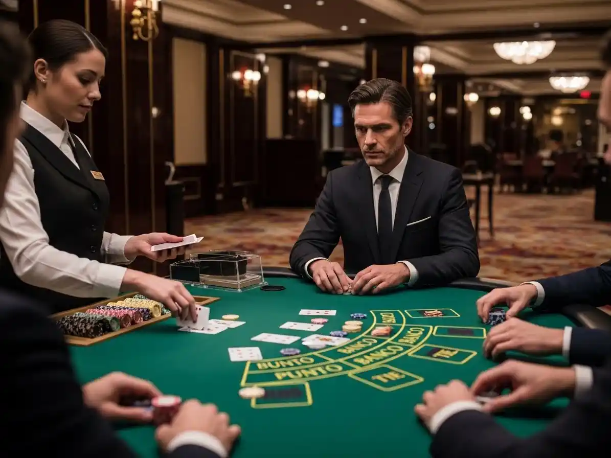 Focused casino guest playing Punto Banco at clark casino during a live table game.