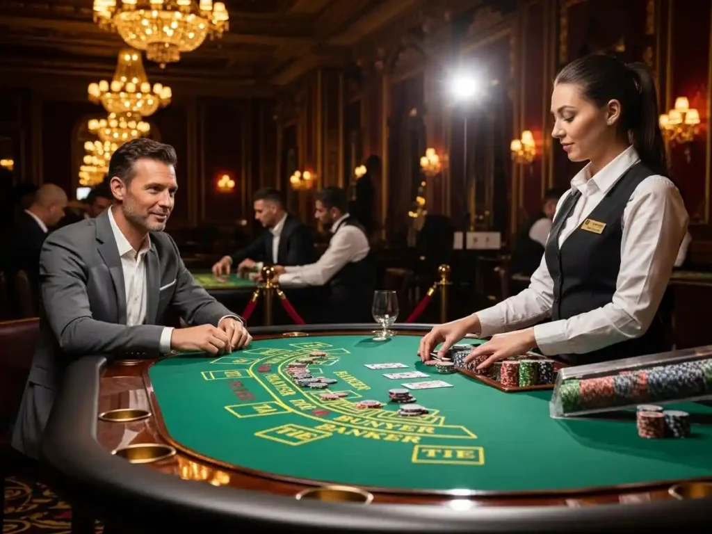 Casino player placing chips on a Punto Banco table at clark casino under bright casino lights.