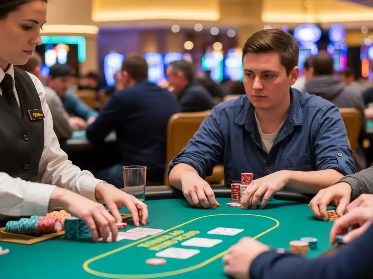 Person playing Texas Hold’em poker at casino español, holding cards and chips at a professional poker table.