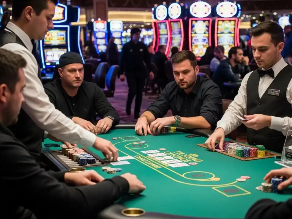 Casino guests analyzing cards during a Texas Hold’em poker round at casino español.