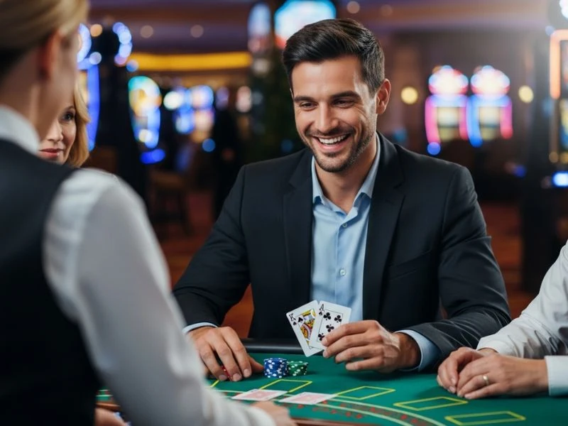 Focused gambler placing chips during a blackjack game at ph444 casino login.