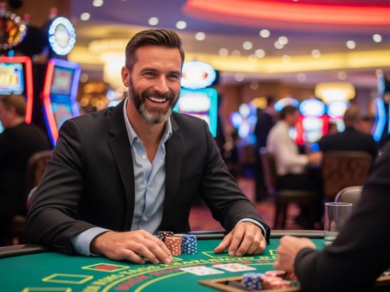 Person playing baccarat at iq 777 casino login, holding cards and analyzing their hand at a casino table.