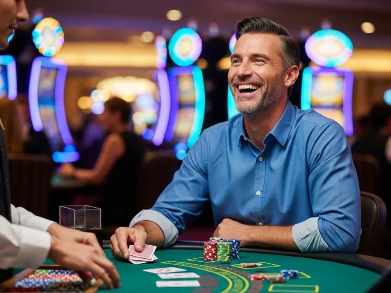 Excited gambler placing bets during a baccarat game at iq 777 casino login.