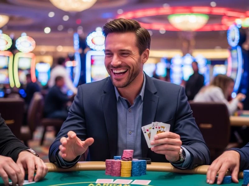 Smiling poker player celebrating a win at royal 888 casino com register table.