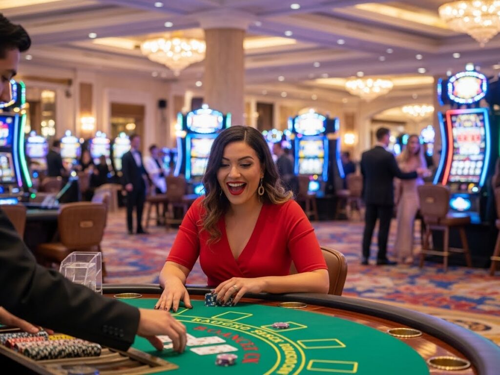 Happy woman enjoying a card game at Casino Filipino Malate, smiling while playing poker