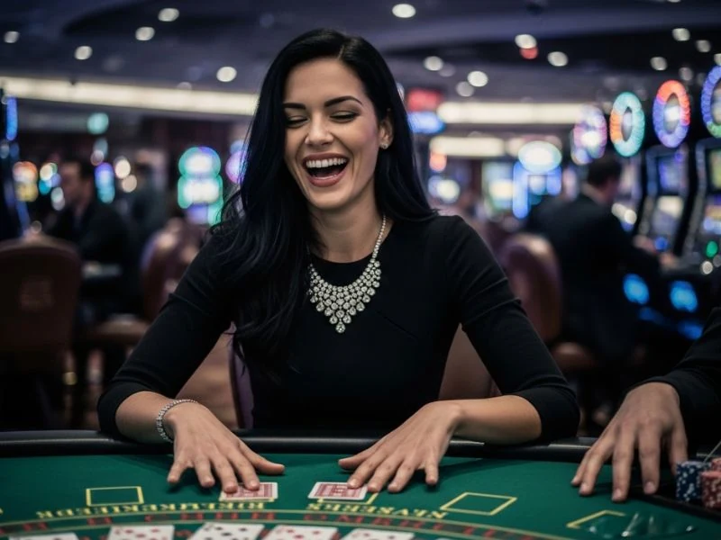 Excited blackjack player winning a hand at ph444 casino login table.