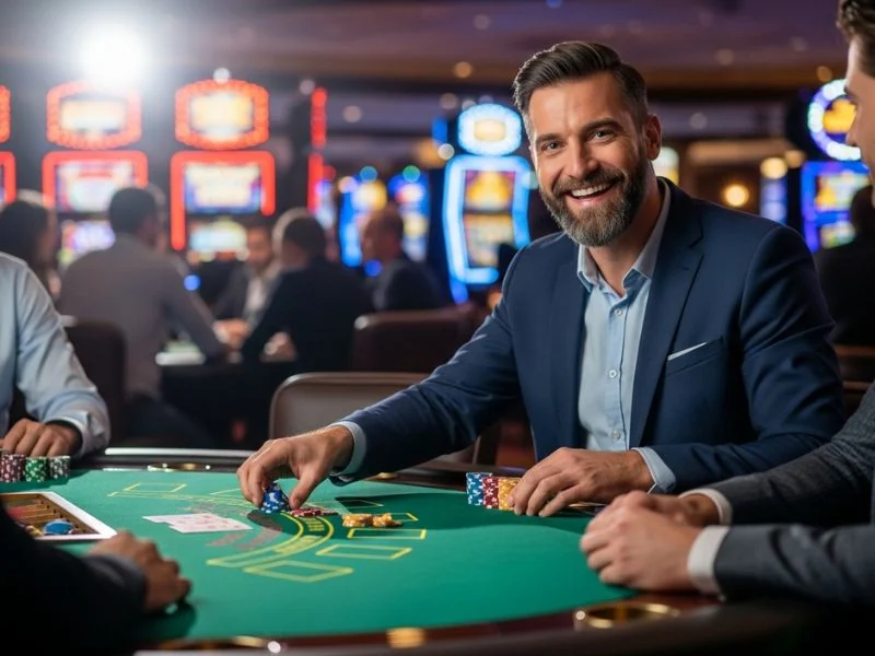Casino player analyzing cards while sitting at the poker table at Galaxy88 Casino.