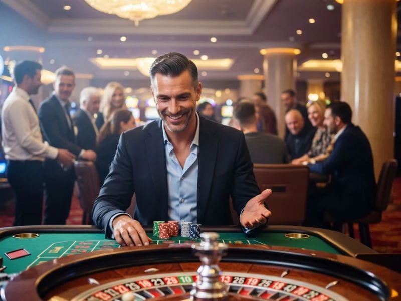 Excited player rolling dice on the table during a roulette game at Galaxy88 Casino.