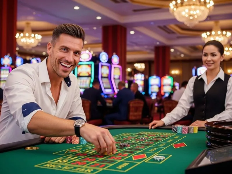 Blackjack enthusiast placing a confident bet at Galaxy88 Casino table.