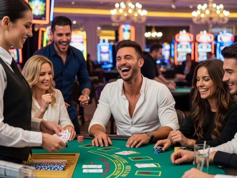 Persons playing blackjack at ph444 casino login, holding cards and strategizing bets at a lively casino table.