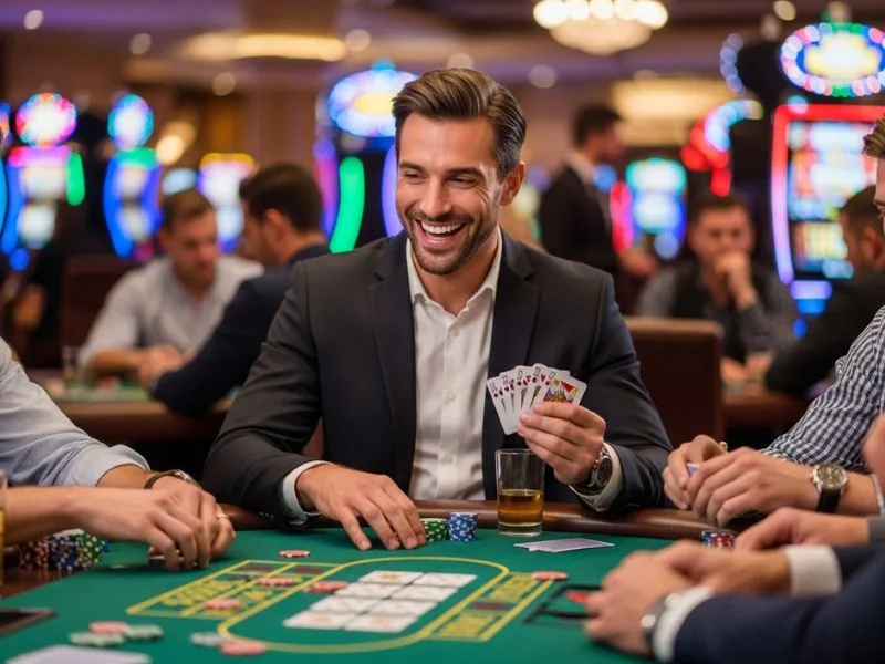 Excited person holding poker cards and chips at royal 888 casino com register.