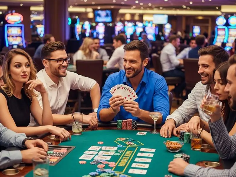 10 best online casinos friends enjoying a friendly poker night at the casino with colorful table visuals