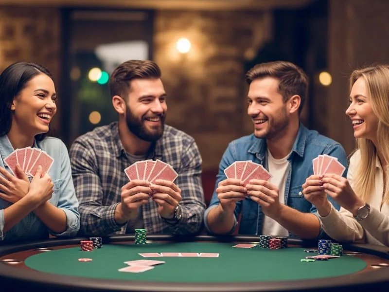 10 best online casinos friends smiling while holding their poker hands at a vibrant casino table