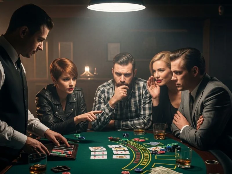 10 best online casinos group strategizing over blackjack cards during an intense casino session