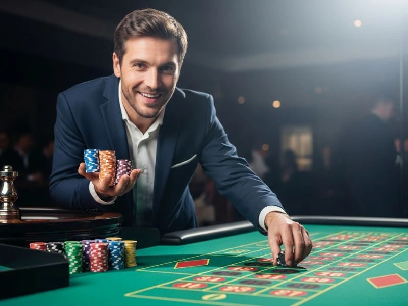 55bmw slot casino buddy holding chips ready to bet on roulette showing a casino buddy holding betting chips and preparing to place a roulette bet in a vibrant gaming environment.