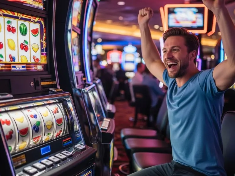 55bmw slot casino friend cheering while spinning slot machine showing a happy player celebrating while spinning a slot machine in an exciting casino environment.