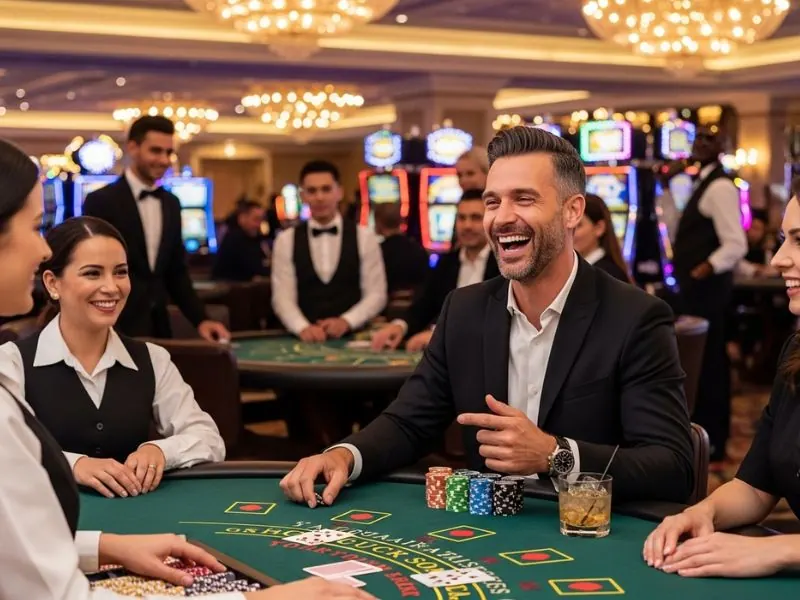 55bmw slot casino friends cheering during intense poker round showing a group of players celebrating and reacting during a high tension poker game in a lively casino setting.