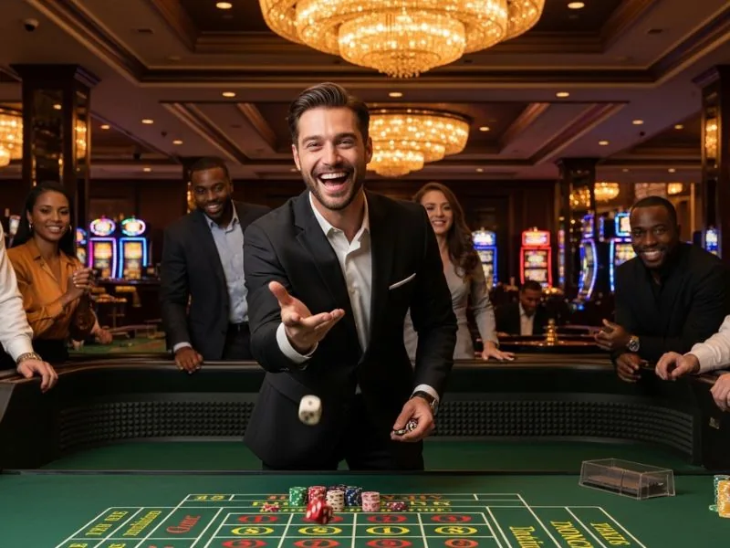 55bmw slot casino laughing together at the table showing friends smiling and enjoying a fun moment together around a casino table in a lively gaming atmosphere.