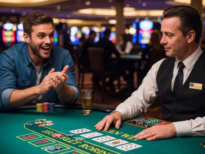 8k8 slot casino buddy clapping as dealer reveals winning hand showing a cheerful player clapping while the dealer reveals a winning hand at the casino table.