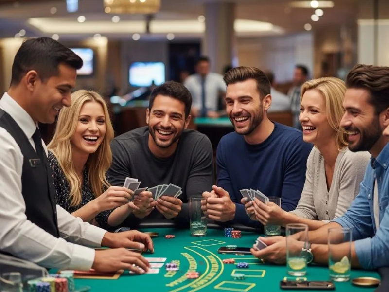 8k8 slot casino group laughing while playing blackjack together showing a group of players laughing and enjoying a fun blackjack game in a lively casino environment.